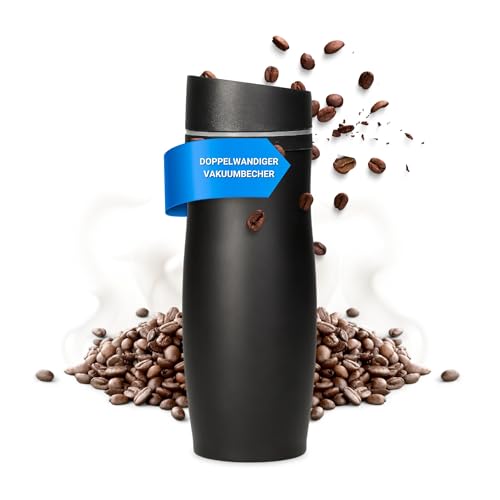 Edelstahl Thermobecher 350ml 100% Auslaufsicher Isolierbecher Kaffeebecher to go Autobecher Travel Mug (Schwarz - Neutral) von Uakeii