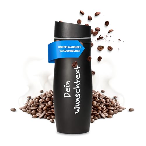 Uakeii Personalisierter Edelstahl Thermobecher 350ml 100% Auslaufsicher Isolierbecher Kaffeebecher to go mit Namen Autobecher Travel Mug mit Wunschgravur (Schwarz - Personalisiert) von Uakeii
