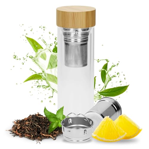Teeflasche mit Sieb To Go 450ml mit Bambusdeckel - Glasflasche Isolierflasche doppelwandig - Perfekter Teeaufbereiter To Go - 100% BPA FREI (Glas/Bambus) von Uakeii