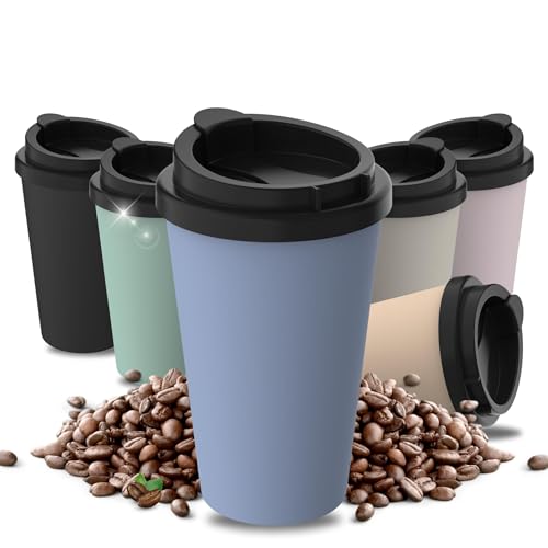 Thermobecher Kaffee to go aus Bio-Kunststoff - Kaffeebecher 350 ml BPA-frei & 100% recyclebar - Made in Germany Trinkbecher mit Deckel - Coffee Mug fürs Büro, Auto, Schule uvm. (Kornblume) von Uakeii