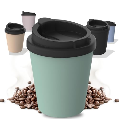 Thermobecher Kaffee to go aus Bio-Kunststoff - Kaffeebecher 250 ml BPA-frei & 100% recyclebar - Made in Germany Trinkbecher mit Deckel - Coffee Mug fürs Büro, Auto, Schule uvm. (Minze) von Uakeii