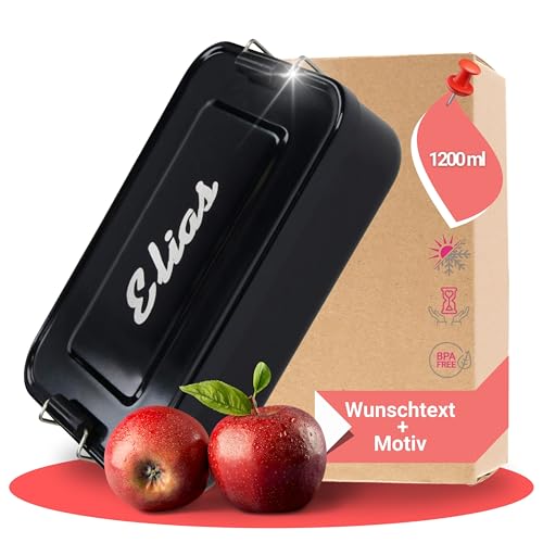 elasto – Personalisierte Brotdose mit Name aus Aluminium – BPA-freie Brotbox mit Gravur für Kindergarten, Schule & Ausflüge – Personalisierte Geschenke für Kinder (17x12x5 cm | Schwarz) von Uakeii