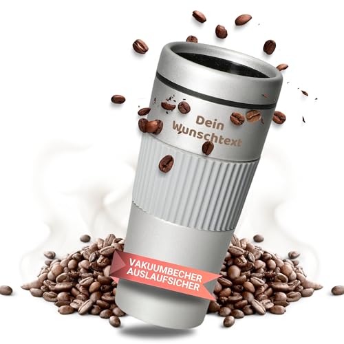elasto – Personalisierter Edelstahl Thermobecher JUPITER mit Gravur – 350ml Kaffeebecher für heiße & kalte Getränke – Coffee to go Isolierbecher – 100% auslaufsicher (Silber/Grau) von Uakeii