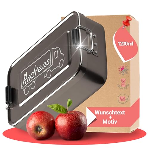 elasto – Personalisierte Brotdose mit Name aus Aluminium – BPA-freie Brotbox mit Gravur für Kindergarten, Schule & Ausflüge – Personalisierte Geschenke für Kinder (17x12x5 cm | Anthrazit LKW) von Uakeii