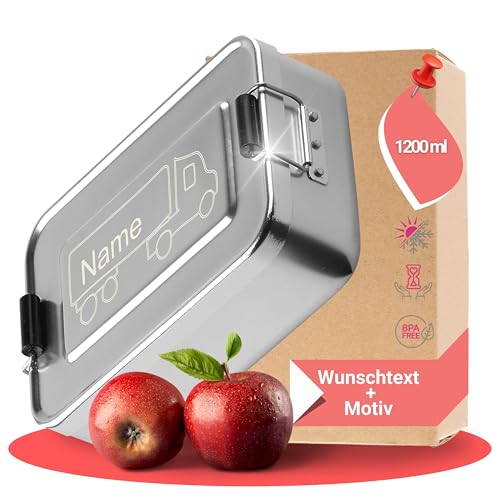 elasto – Personalisierte Brotdose mit Name aus Aluminium – BPA-freie Brotbox mit Gravur für Kindergarten, Schule & Ausflüge – Personalisierte Geschenke für Kinder (17x12x5 cm | Silber LKW) von Uakeii