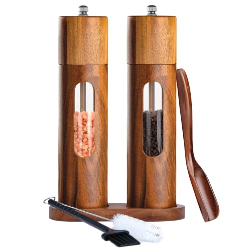 Uallsny Pfeffermühle Holz Salz und Pfeffermühle Manuell Salzmühle Gewürzmühle mit verstellbarem Keramikmahlwerk 2er Set mit Untersetzer für Pfeffer Salz Gewürze Höhe 21,5 cm von Uallsny