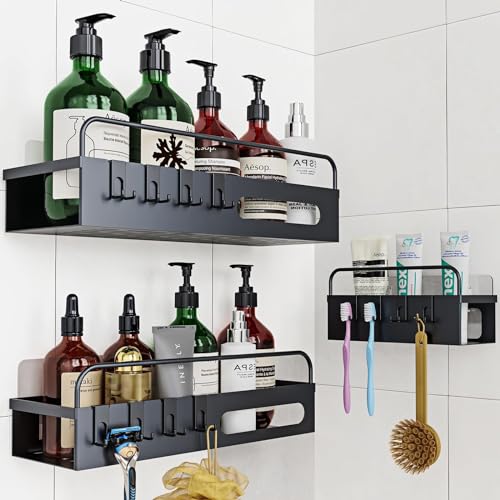 Uamector Duschablage ohne Bohren - 3 Stück Badezimmer Regal Duschkorb Shampoo Halterung - Rostfrei Schwarz Duschregal für Duschgel mit 12 Haken und 8 Silikonpads von Uamector
