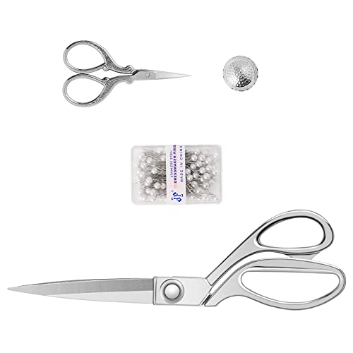 Uaugulft Stoffscheren-Set, Professionelles Premium-Scheren-Geschenkset - mit Schneiderschere, Stickschere, Fingerhut und Perlenkopfnadeln, Silber von Uaugulft