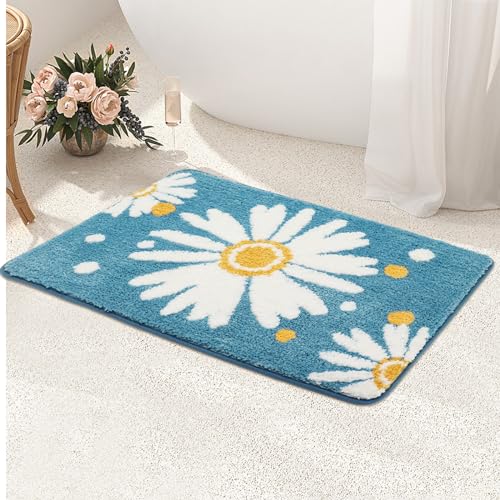 Ubaywey Kleine Daisy Badezimmerteppich Niedliche Gänseblümchen Badematte rutschfest Waschbar Badteppich Blume Badvorleger Weiche Mikrofaser Badezimmer Teppich von Ubaywey