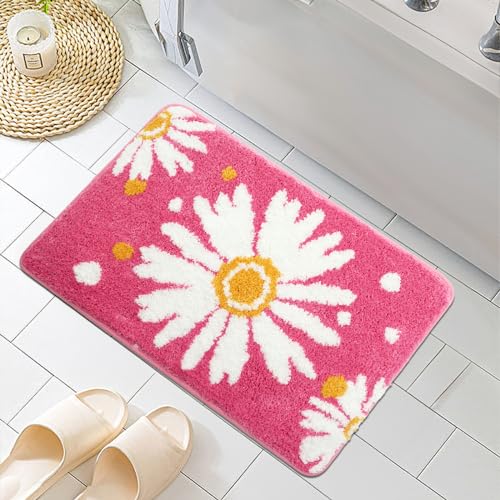 Ubaywey Kleine Daisy Badezimmerteppich Niedliche Gänseblümchen Badematte rutschfest Waschbar Badteppich Blume Badvorleger Weiche Mikrofaser Badezimmer Teppich von Ubaywey