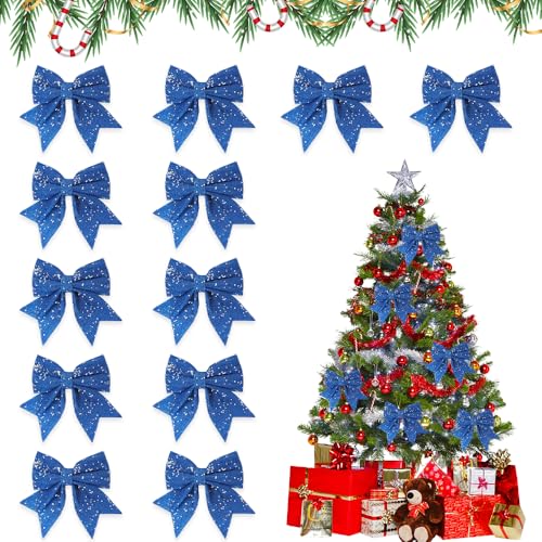 Udbrud 12 Stück Schleifen Weihnachten, Glitzer Weihnachtsschleifen Bogen Hänge Deko, Christbaumschmuck Geschenkschleife, Weihnachtsbaumschmuck Weihnachtsbaumschleifen für Basteln, Verpacken (Blau) von Udbrud
