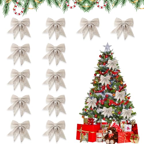 Udbrud 12 Stück Schleifen Weihnachten, Glitzer Weihnachtsschleifen Bogen Hänge Deko, Christbaumschmuck Geschenkschleife, Weihnachtsbaumschmuck Weihnachtsbaumschleifen für Basteln (Champagner) von Udbrud