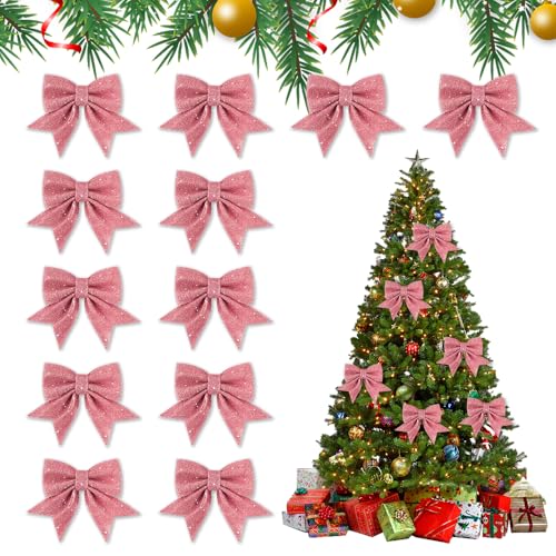Udbrud 12 Stück Schleifen Weihnachten, Glitzer Weihnachtsschleifen Bogen Hänge Deko, Christbaumschmuck Geschenkschleife, Weihnachtsbaumschmuck Weihnachtsbaumschleifen für Basteln (Rosa) von Udbrud