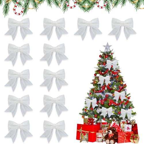 Udbrud 12 Stück Schleifen Weihnachten, Glitzer Weihnachtsschleifen Bogen Hänge Deko, Christbaumschmuck Geschenkschleife, Weihnachtsbaumschmuck Weihnachtsbaumschleifen für Basteln (weiß) von Udbrud