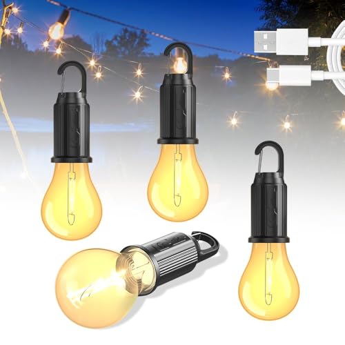 Udbrud Campinglampe, 4 Stücke Aufladbar LED Tragbare Camping Licht Wasserdicht LED Camping Laterne mit Karabiner Helligkeit Einstellbar 3 Lichtmodi Zeltlampe Glühbirne für Abenteuer, Angeln, Garage von Udbrud