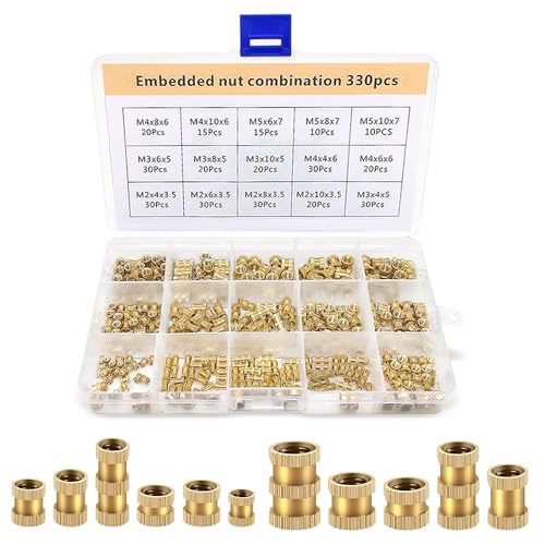 Udbrud einpressmuttern, 330 Stück Gewindeeinsätze M2 M3 M4 M5 Einbettung Muttern Gerändelte Messingmuttern Einpressmutter Set für Kunststoffteile 3D Druckteile durch Ultraschall Warmeinbettung von Udbrud