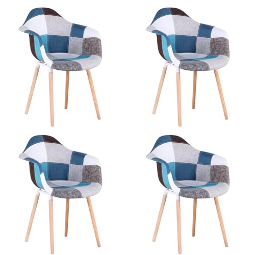 Uderkiny 4er-Set Esszimmerstühle, Skandinavischer Patchwork-Stuhl, Moderner Design-Sessel, Leinenrücken, Holzbeine（Blau，4） von Uderkiny