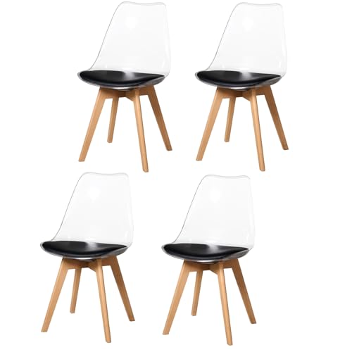 Uderkiny 4er-Set Esszimmerstuhl， Moderne transparente Esszimmerstühle, Skandinavischer Stuhl, Transparentes PP-Material+Beine aus Buchenholz, geeignet für Wohnzimmer/Esszimmer/Küche (Schwarz PU, 4) von Uderkiny