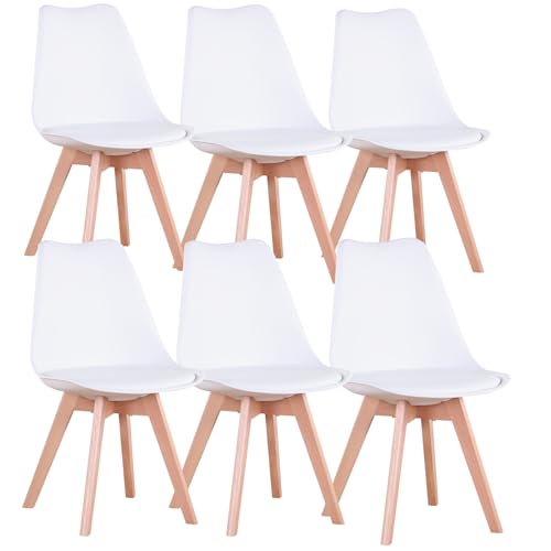 Uderkiny 6er-Set Esszimmerstühle, Skandinavische Stühle, Beine aus Massivholz, ergonomisches nordisches Design, ideal für Esszimmer, Wohnzimmer, Küche, Schlafzimmer (weiß, 6) von Uderkiny