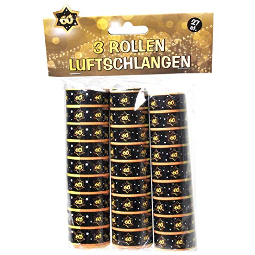 Udo Schmidt 13008 - Luftschlangen aus Papier 3 Rollen je 9 Stück - schwarz / gold - Zahl: 60 Geburtstag von Cherioll