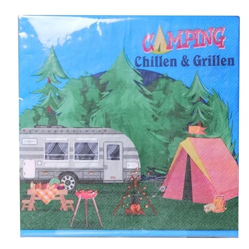 Udo Schmidt 10834 - Servietten Camping - Motiv: Wohnwagen - 33 x 33 cm - 20 Stk. - 15 m lang - 7 cm breit, Mehrfarbig von Schmidt