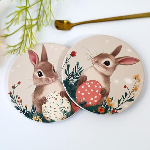 Ueiwffzo 2 Pack Oster Hase Untersetzer Gläser, Rund Tassenuntersetzer Getränke Glasuntersetzer Glasuntersetzer Kork von Ueiwffzo