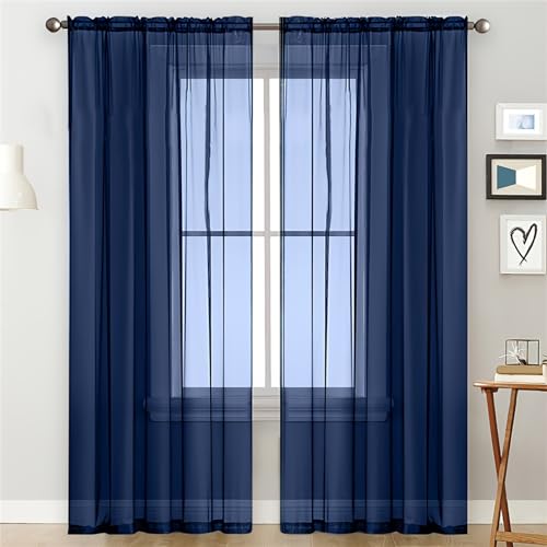 Ueiwffzo 2er Set Vorhänge aus Sheer Voile, Transparente Gardinen mit Stabtunnel, Transparent Curtains Deko für Wohnzimmer Schlafzimmer (Dunkelblau,132 x 241cm) von Ueiwffzo