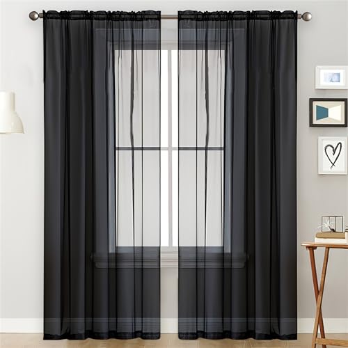 Ueiwffzo 2er Set Vorhänge aus Sheer Voile, Transparente Gardinen mit Stabtunnel, Transparent Curtains Deko für Wohnzimmer Schlafzimmer (Schwarz,132 x 213cm) von Ueiwffzo