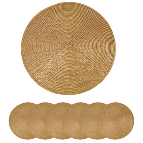 Ueiwffzo 38cm Platzsets Abwaschbar Rund 6er Set Tischsets Abwaschbar rutschfeste Platzdeckchen Hitzebeständig Schmutzabweisend für Küche,Hochzeit (Golden) von Ueiwffzo