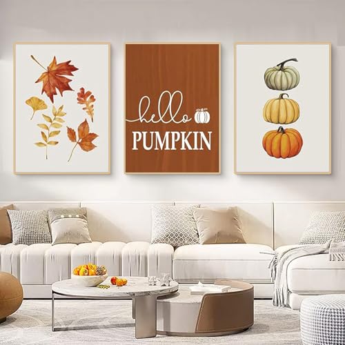 Ueiwffzo 3er Herbst Poster Set, Bilder Wohnzimmer, Exquisite Kürbis Ahornblatt Leinwandbilder, Stilvolle Poster & Kunstdrucke Wanddeko für Schlafzimmer Wohnzimmer Flur, ohne Rahmen (30 x 40 cm) von Ueiwffzo