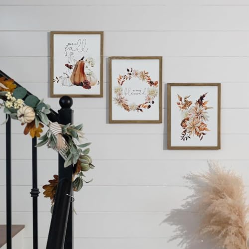 Ueiwffzo 3er Herbst Poster Set Bilder Wohnzimmer, Stilvolle Kürbis Kranz Leinwand Bilder ohne Rahmen, Ideale Herbstbilder Wandkunst für Ostern Halloween Weihnachten Deko (21 x 30 cm) von Ueiwffzo