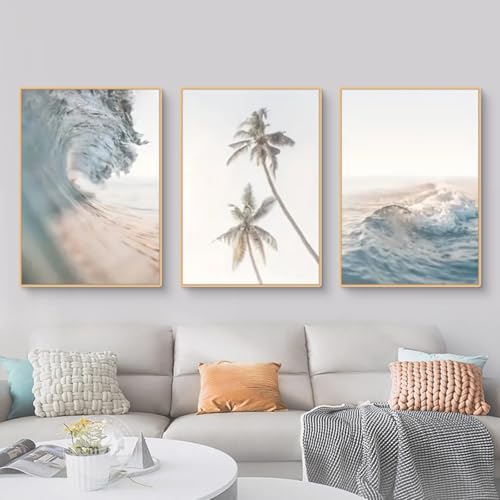 Ueiwffzo 3er Poster Set, Strand Natur Szenerie Modern Wandbilder Leinwand Bilder Set, Meer Wellen Wandposter OHNE Rahmen Leinwand Wohnzimmer Deko Schlafzimmer Wanddeko (21x30cm,Stil A) von Ueiwffzo