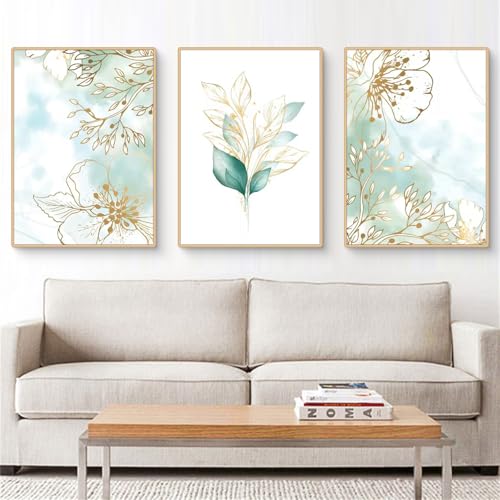 Ueiwffzo 3er Poster Set Abstrakt Blätter Bilder, Grünes Gold Moderne Wandbilder, Bilder Set, Wandkunst Druck Bilder Wanddeko für Wohnzimmer Schlafzimmer, Ohne Rahmen (B,30x40cm) von Ueiwffzo