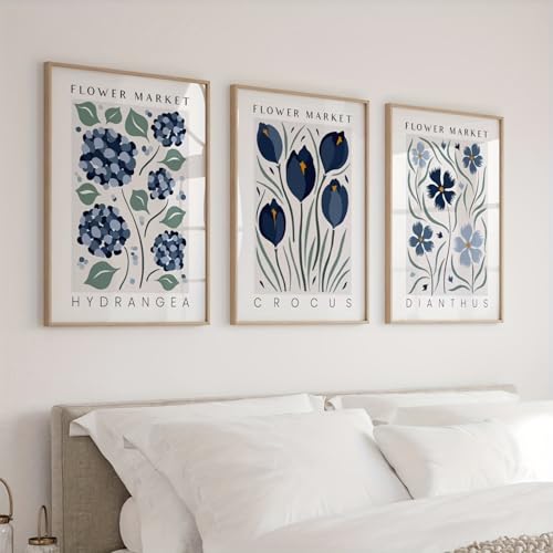 Ueiwffzo 3er Poster Set Wandbilder, Blau Florale Leinwanddrucke Poster Set, Ästhetische Leinwand Bilder Für Schlafzimmer Decor, Ohne Rahmen (30x40cm) von Ueiwffzo