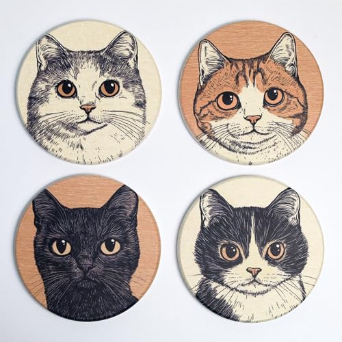 Ueiwffzo 4PCS Katzen Runder Untersetzer Mit Kork Rückseite Keramik Untersetzer Set, Glasuntersetzer Tasse Coasters Set Untersetzer Für Gläser, Tisch Deko Für Zuhause, Büro, Küche, Bar von Ueiwffzo