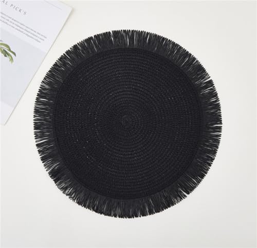 Ueiwffzo 4er/6er Platzsets Runde Gewebte Tischsets Platzset Abwischbar Fransen Platzdeckchen für Esszimmer Party Hochzeit Tischdeko (Schwarz,4 Stück) von Ueiwffzo