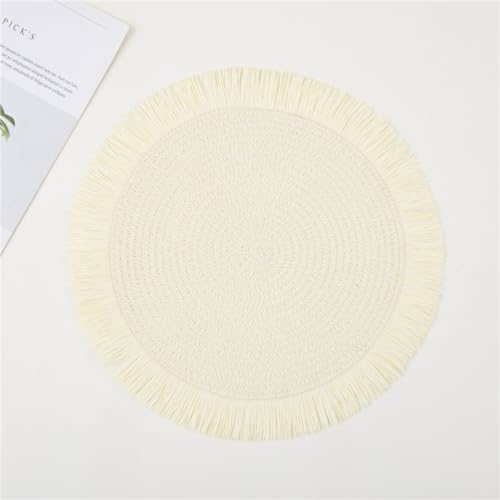 Ueiwffzo 4er/6er Platzsets Runde Gewebte Tischsets Platzset Abwischbar Fransen Platzdeckchen für Esszimmer Party Hochzeit Tischdeko (Weiß,6 Stück) von Ueiwffzo