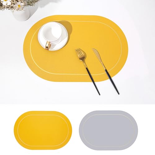 Ueiwffzo 4er/6er Set Tischsets Leder Platzsets Abwaschbar Oval, rutschfeste Platzdeckchen Doppelseitig Untersetzer Esstisch Tisch Deko für Haus Hotel Küche (Gelb+Grau,6 Stück) von Ueiwffzo