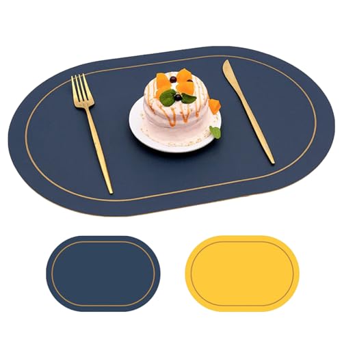 Ueiwffzo 4er Set Tischsets Platzsets Abwaschbar, 30 * 43 cm Oval Platzdeckchen Wasserdicht Doppelseitig Tischsets rutschfest PU Leder für Küche, Weihnachten, Party, Hochzeit (Gelb+Blau) von Ueiwffzo