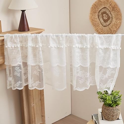 Ueiwffzo Boho Scheibengardine, Weiße Spitze Kurzer Vorhang Landhausstil Kurzstore Gardinen, Bistrogardine Küchengardinen gardinen weiß für Schlafzimmer Wohnzimmer Fensterdeko (230x45cm) von Ueiwffzo
