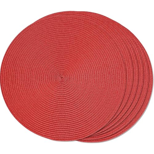 Ueiwffzo Geflochtene Tischsets Abwaschbar, 4er Set 38cm, rutschfest, runde Platzsets für Küche, Esstisch, europäischer Stil, runde Innenbereiche, handgewebte Stoff-Tischmatten (Rot) von Ueiwffzo
