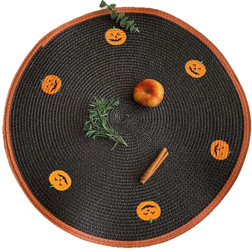 Ueiwffzo Kürbis Halloween Tischsets Rund 4er Set, Baumwolle Platzsets Hitzebeständig Platzdeckchen Küche Tisch für Halloween Dekoration Drinnen Urlaub Party Dekor von Ueiwffzo