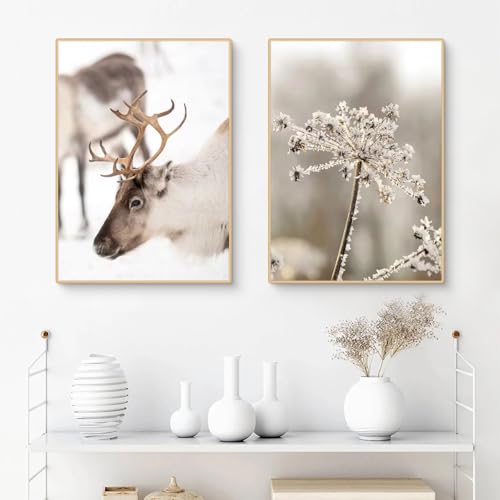 Ueiwffzo Moderne Premium Winter Wandbilder 2er Poster Set Winter Poster Hirsche Natur Aesthetic Bilder, Leinwand Drucke Wohnzimmer Bilder Wanddeko, Ohne Rahmen (B,30x40cm) von Ueiwffzo