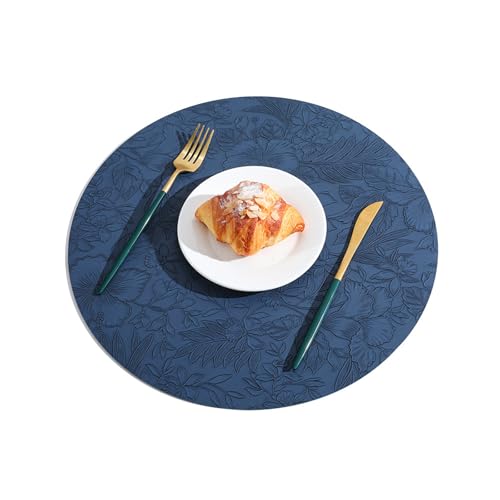 Ueiwffzo Rund Tischsets Abwaschbar, 36x36cm Platzset Leder 4er Set Abwischbar Tischsets PU Leder Kunstleder Wasserdicht Platzset, Platzdeckchen für Küche Speisetisch (Dunkelblau) von Ueiwffzo