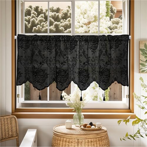 Ueiwffzo Scheibengardine Weiß Halbtransparente Gardinen Kurz Vorhänge Fenstergardinen Spitze Fenstervorhänge für Schlafzimmer Wohnzimmer Dekoration (Schwarz,132x46cm) von Ueiwffzo