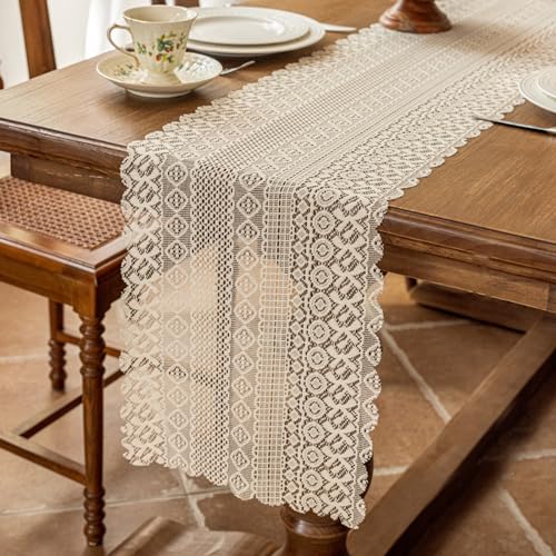 Ueiwffzo Tischläufer Beige Makramee Tischläufer, Boho Vintage Spitze Tischläufer, Rechteckige Blumen Tischdecke für Küche Hochzeit Tabletop Dekor (33 cm x 120 cm) von Ueiwffzo