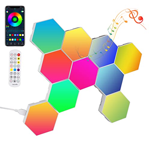 LED Sechseck Gaming Wandleuchte,10 Stück Hexagon RGBIC Musik Sync Light Panel Waben Wall Light DIY Kombinierbar Deko Lampe mit App-Steuerung Kompatibel mit Alexa und Google Assistant Living Bedroom von Uennm