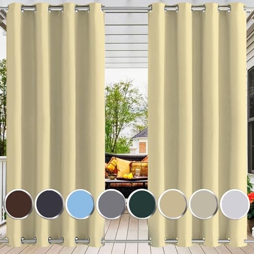 Ufamiluk Outdoor Vorhang wasserdichter wetterfest mit ösen Oben und unten Blickdicht wetterfeste vorhänge terrasse für Balkon terrasse außen pergola Hof 280x220cm (BxH 1 Stück) Beige von Ufamiluk