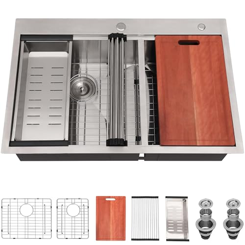 UFaucet Doppelbecken-Küchenspüle, 83 x 55 cm, 60/40 Drop-In-Küchenspüle, 83 cm Leiste, Arbeitsplatz, 16 Gauge, Edelstahl, Topmount Doppelwaschbecken mit Schneidebrett von Ufaucet