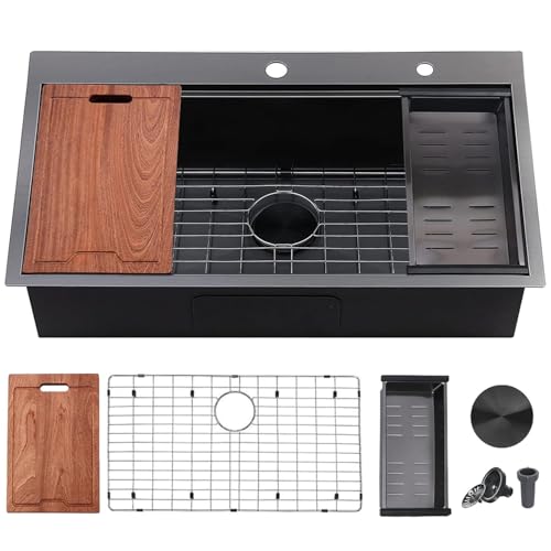 UFaucet Küchenspüle, 83 x 48 cm, Gunmetal Black 16 Gauge Edelstahl-Spülen, 84 cm Drop-In-Küchenspüle, Einzelschüssel, Arbeitsplatz-Spülen mit Zubehörpaket von Ufaucet